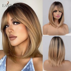 Perruques Synthétiques Easihair Brun Foncé Racine Ombre Doré Perruque Synthétique Cheveux Naturels pour Femmes Femme Couches avec Said Bangs Résistant À La Chaleur 230227