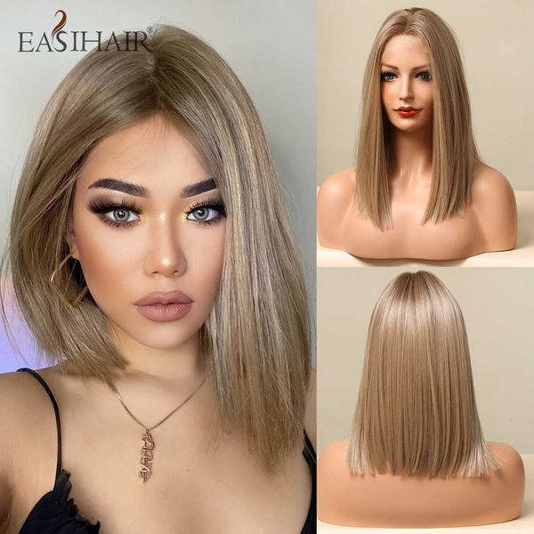 Perruques synthétiques Easihair Goldern Blonde Lace Front Wigs Medium Bob Straight Synthétique pour femmes Brown Roots Perruque de cheveux naturels Résistant à la chaleur 230227