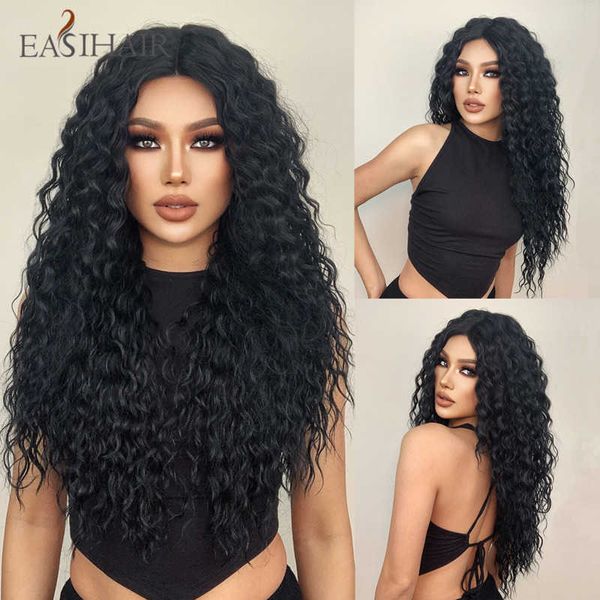 Pelucas sintéticas Easihair Long Black Lace Front Pelucas Deep Wave Curly Frontal sintético para mujeres Resistente al calor Cosplay Hair 230227