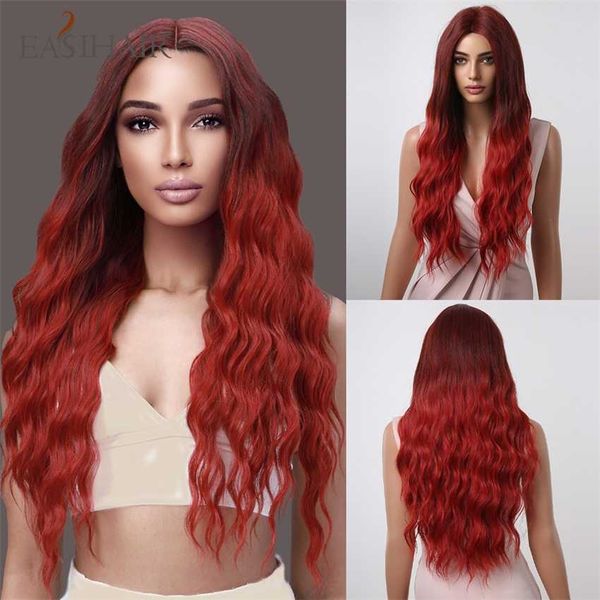 Perruques synthétiques Easihair longue vague de corps perruque synthétique brun pour gagner rouge ombre cheveux naturels pour les femmes Cosplay fête fibre résistante à la chaleur 230227