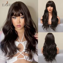 Synthetische pruiken Easihair Long Brown Black Wavy met knal Natuurlijke golf haarpruik voor vrouwen dagelijkse cosplay hittebestendige vezel L230417