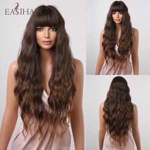 Perruques Synthétiques Easihair Long Brun à Blond Ombre Perruques Synthétiques Vague Profonde Cosplay Cheveux Naturels avec Frange pour Femmes Résistant À La Chaleur 230227