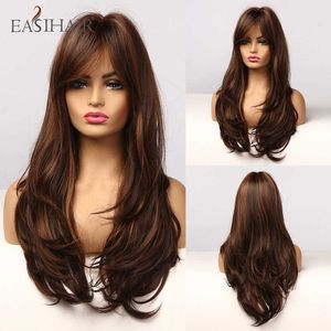 Synthetic Wigs Easihair Long Brown Wavy Wig with Bangs Synthetic Wigs for Women Blonde Highlight Natural Hair Heat Resistant Fiber 230227