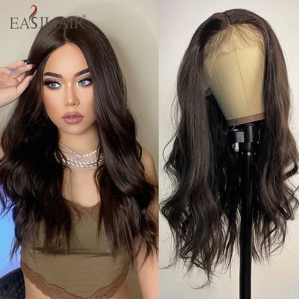 Perruques Synthétiques Easihair Long Brun Foncé Avant de Lacet Synthétique Perruques de Cheveux Naturels Frontal pour les Femmes Cosplay Haute Densité 230227