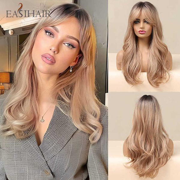 Pelucas sintéticas Easihair largo rubio dorado Ombre ondulado pelucas sintéticas para mujeres lindo cabello natural con flequillo resistente al calor Cosplay 230227