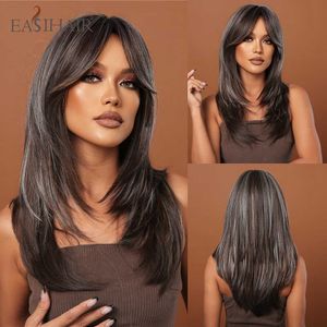 Pelucas sintéticas Easihair Long Grey Brown Pelucas de cabello sintético mixto con flequillo Recto Natural para mujeres Peluca de cosplay resistente al calor 230227