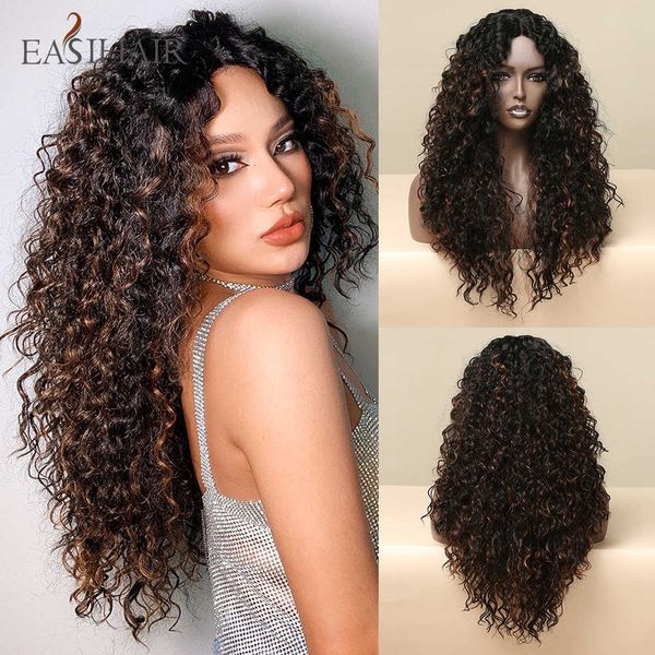 Pelucas sintéticas Easihair largo rizado rizado encaje frontal peluca negro mezclado marrón sintético transparente frente para mujeres brasileño s 230227