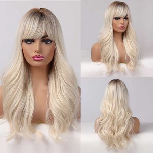 Perruques synthétiques Easihair Long Ombre Blonde Perruques avec Frange Synthétique pour Femmes Cheveux Naturels Ondulés Cosplay Résistant À La Chaleur 230227