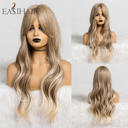 Perucas Sintéticas Easihair Longo Ombre Castanho Loiro Perucas Sintéticas para Mulheres com Franja Fibra de Alta Temperatura Ondulado Cosplay Cabelo Natural 230227