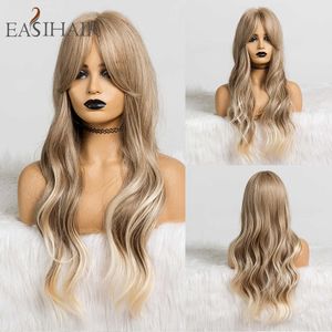 Perruques Synthétiques Easihair Long Ombre Brun Blonde Perruques Synthétiques pour Femmes avec Frange Haute Température Fibre Ondulée Cosplay Cheveux Naturels 230227