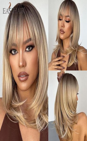 Perruques synthétiques Easyhair longue ligne droite blonde avec Bang longueur d'épaule en couches femmes 039s fibre résistante à la chaleur d'aspect naturel 9701038