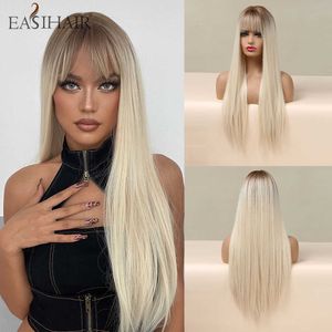 Perruques synthétiques Easihair perruques synthétiques longues droites brun à blond clair ombré avec frange cheveux naturels pour femmes résistant à la chaleur quotidienne 230227