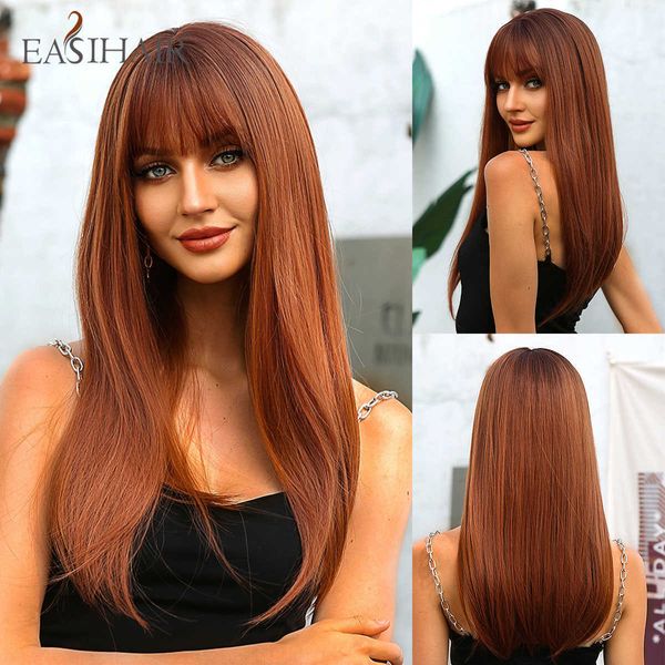 Pelucas sintéticas Easihair Long Straight Brown Red Ombre Pelucas sintéticas con flequillo Peluca de cabello natural Resistente al calor Cosaply uso diario para mujeres 230227