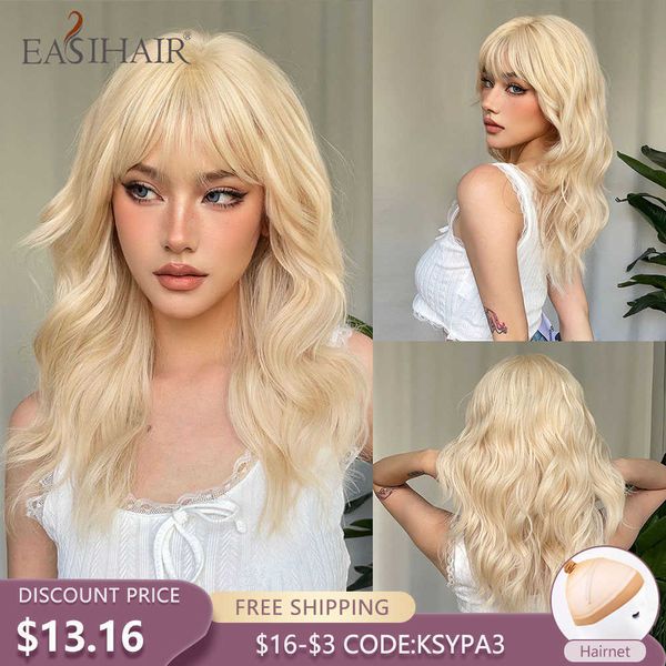 Perruques Synthétiques Easihair Long Wavy Blonde Perruques Synthétiques avec Frange pour Femmes Platine Quotidien Cheveux Naturels Résistant À La Chaleur Cosplay 230227