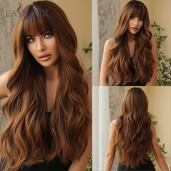 Perruques synthétiques easihair long long brun ondulé ombre coiffure synthétique perruques femmes avec une frange root foncé perruque naturelle cosplay utilisez des faux cheveux résistants à la chaleur 230227