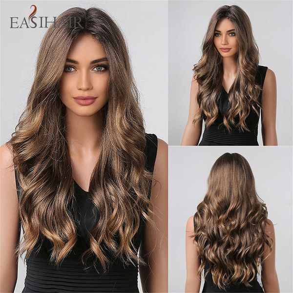 Perruques synthétiques Easihair longues ondulées synthétiques avant de lacet perruques Ombre brune frontale perruque de cheveux naturels pour les femmes Cosplay haute densité 230227