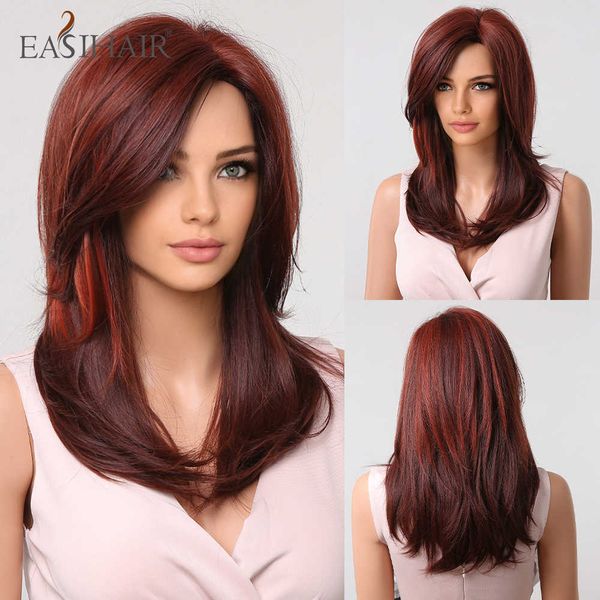 Perruques synthétiques Easihair perruque synthétique rouge foncé de longueur moyenne pour femmes, cheveux naturels, partie latérale, résistant à la chaleur afro-américaine 230227