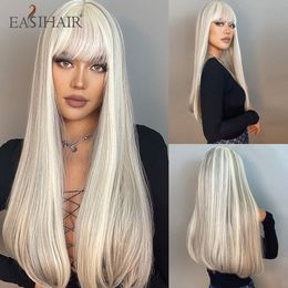 Synthetische pruiken EasiHair Mixed Ash Blonde met knal Lang rechte wit voor vrouwen cosplay lolita dagelijkse feestwarmtewarmteweerstand 230413