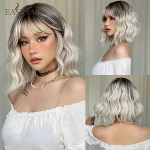 Synthetische pruiken EASIHAIR Ombre Blond Kort Golvend Cosplay Lolita Pruiken met pony Licht platina Bob Pruiken van synthetisch haar voor vrouwen Hittebestendig 240329