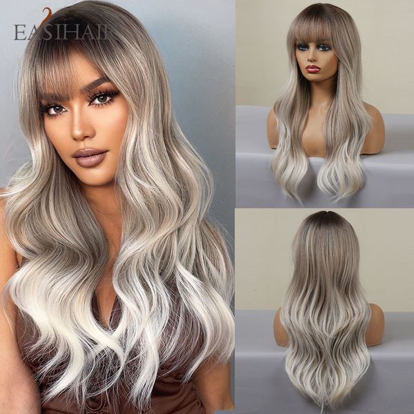 Perruques Synthétiques EASIHAIR Ombre Gris Cendré Ondulé avec Bang Blond Clair Platine Cheveux Longs pour Femmes Daily Party Fibre Résistante à la Chaleur 230417