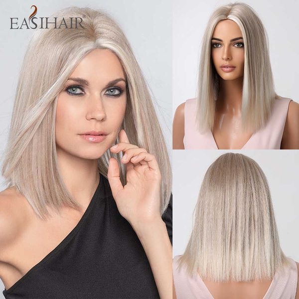 Perruques Synthétiques Easihair Platine Blonde Ombre Perruque Synthétique Court Bob Cheveux Naturels Partie Milieu pour Femmes Quotidien Cosplay Résistant À La Chaleur 230227