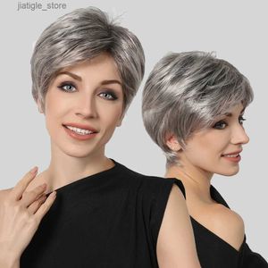 Synthetische pruiken EasiHair Korte Pixie gesneden synthetische pruiken zilvergrijs platina gelaagde bob -pruiken met pony dagelijkse cosplay vrouwen haar hitte resistent y240401