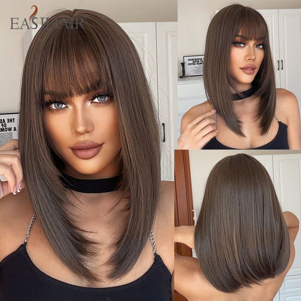 Perruques Synthétiques EASIHAIR Courte Droite Brun Châtain Noir avec Bang Layered Longueur Moyenne pour Femme Quotidien Résistant à la Chaleur 230417