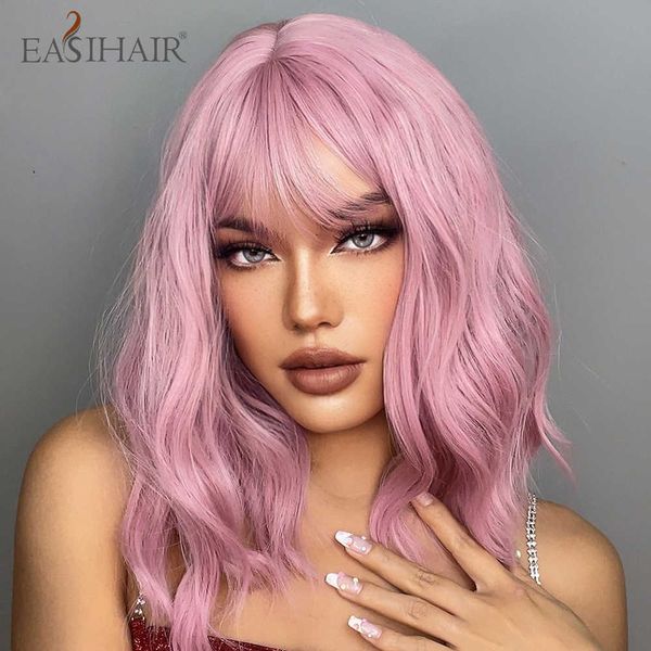 Perruques Synthétiques Easihair Ondulés Rose Bob Perruques avec Frange Femmes Synthétique Perruque De Cheveux Naturels Longueur Moyenne Mignon Cosplay Résistant À La Chaleur 230227