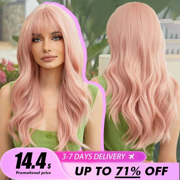 Perruques synthétiques Element perruque synthétique bouclée longue avec frange perruques de cheveux rose pamplemousse pour femmes fête quotidienne Cosplay résistant à la chaleur 240328 240327