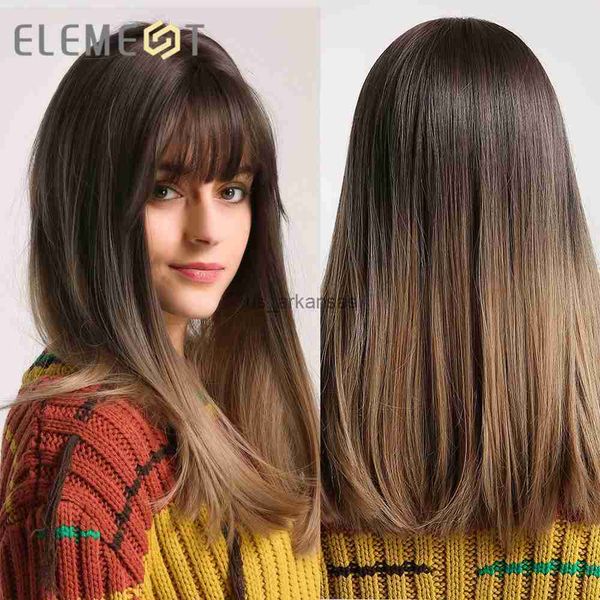 Élément de perruques synthétiques Long Straitement Brown Brown Synthetic Hair Wigs with Bangs for Black White Cosplay Party Daily Use résistant à la chaleur HKD230818