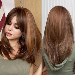 Synthetisch pruiken element medium rechte blonde gemengde bruine bob met pony pruik voor vrouwen cosplay dagelijkse hittebestendige hoofdband 230417