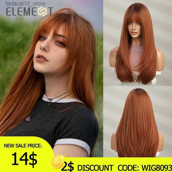 Pelucas sintéticas ELEMENTO Sintético Largo Recto Ombre Naranja Rojo Pelucas para Mujeres Peluca Fiesta Diaria Cosplay Resistente al Calor Diadema Natural Q240115