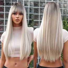 Pelucas sintéticas Emmor peluca blanca larga rubia platino con flequillo para mujeres pelucas de Cosplay rectas naturales pelo sintético de fibra resistente al calor L231024