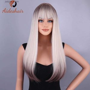 Synthetische pruiken Emmor Long Platinum Blonde White Wig met knal voor vrouwen Natuurlijke rechte cosplay hittebestendige vezels synthetisch haar Y240401