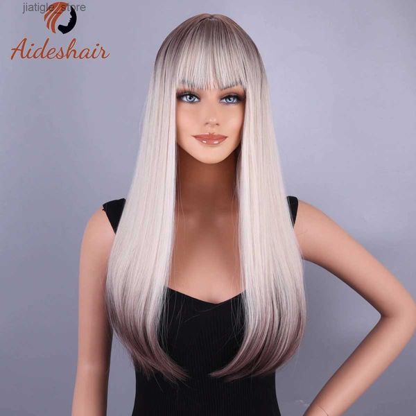 Pelucas sintéticas Emmor Long Platinum Blondon White Wig con Bang For Women Natural recta Cosplay Fibra resistente al calor Cabello sintético Y240401