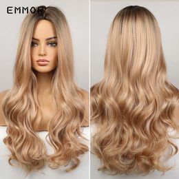 Synthetische pruiken Emmor lang golvend haar pruik ombre bruin tot blond voor vrouwen natuurlijk middelste deel hittebestendig cosplay