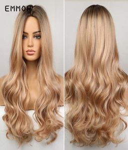 Perruques synthétiques Emmor perruque de cheveux longs ondulés Ombre brun à blond pour les femmes partie moyenne naturelle résistant à la chaleur Cosplay54165252459621