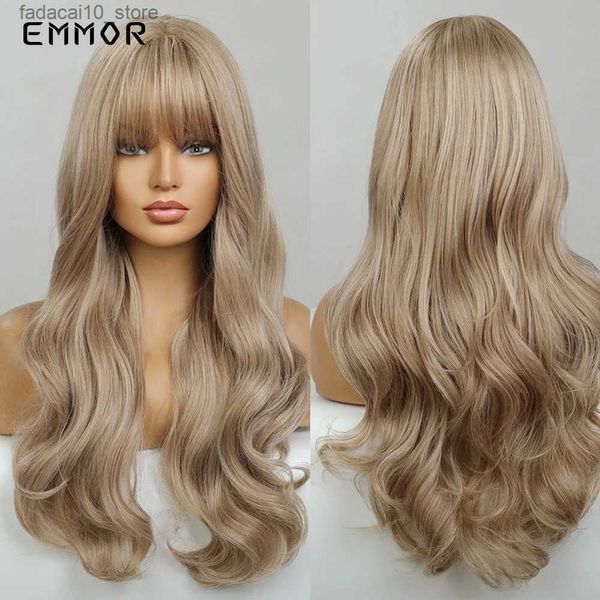 Perruques synthétiques Emmor synthétique longue blonde ondulée perruques pour femmes cheveux doux naturel blond clair perruque avec frange résistant à la chaleur fibre cheveux perruque Q240115