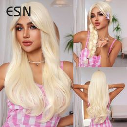 Perruques synthétiques ESIN Barbie Style synthétique longue blanche blonde vague d'eau perruques avec Bang pour les femmes Cosplay fête naturelle quotidienne perruque résistante à la chaleur 240329