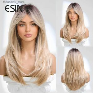 Perruques synthétiques ESIN – perruque synthétique longue brune pour femmes, cheveux superposés ombrés avec racines foncées Q240115