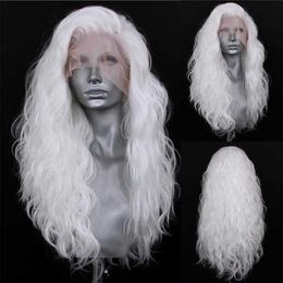 Synthetische pruiken Fanxition White Loose Wave Synthetische Wig Long Lace Front vrouwelijk rollenspel kostuum feesthaar Q240427