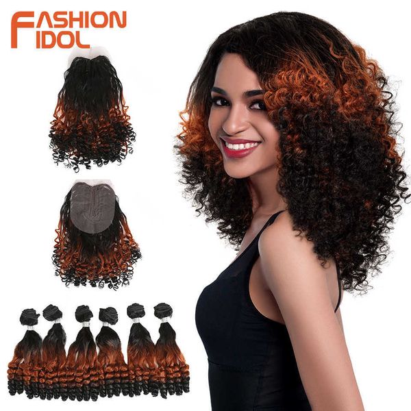 Pelucas sintéticas Fashion Idol Afro Kinky Paquetes de cabello rizado 14 pulgadas 7 piezas / lote Cordón sintético de curva inferior recto superior con fibra de cierre 230227