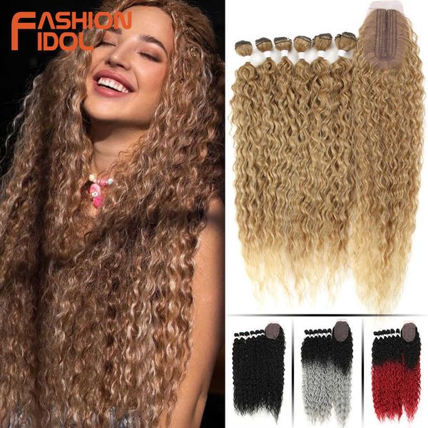 Pelucas sintéticas Moda Idol Afro Kinky Paquetes de cabello rizado con cierre Ombre Rubio 30 pulgadas Tejido sintético largo suave 230227