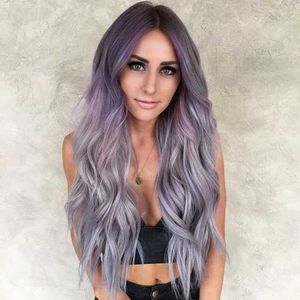 Perruques synthétiques cheveux longs bouclés pour femmes mode violet gris dégradé moyen fendu cheveux longs bouclés couvre-chef 221010