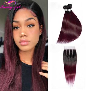 Perruques synthétiques Fg 1b/99j 4x4 Lace Closure Bundles de cheveux humains avec armure brésilienne droite 3 230227