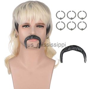 Perruques synthétiques FGY Tiger King Halloween Cosplay court doré ondulé bouclé perruque synthétique hommes Costume fête haut de gamme Disco perruque 6 boucles d'oreilles moustache x0826