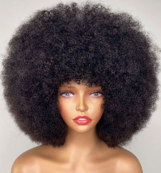 Perruques synthétiques Fluffy Afro Kinky Curly Perruque de cheveux humains avec une frange épaisse Perruques courtes naturelles Bob pour les femmes noires 180% Densité Full Machine Hair 231012