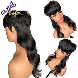 Pelucas sintéticas Peluca hecha a máquina completa con flequillo Mullet 18 pulgadas Onda del cuerpo Pelucas de cabello humano brasileño sin cola para mujeres Pelucas cortas de corte pixie 230808