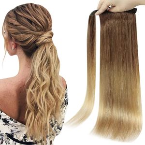 Perruques synthétiques pleine brillance Ponytai cheveux humains 70g/80g brun le plus clair décoloration au blond doré Remy cheveux humains queue de cheval 231204