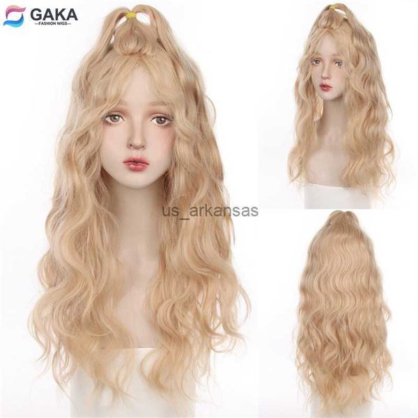 Perruques synthétiques Gaka Golden Lolita Role Play Wig Beige Short Wavy Synthetic Hair Wig with Bangs Res résistant à la chaleur Brown Hair HKD230818